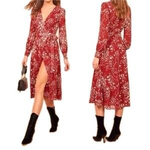REFORMATION Women Susanna Dress Bryce Red Floral Wrap Midi V Neck Sz SMALL